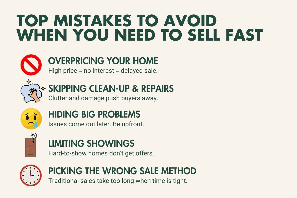 Top mistakes to avoid when selling a home fast: overpricing, skipping clean-up and repairs, hiding big problems, limiting showings, and picking the wrong sale method.