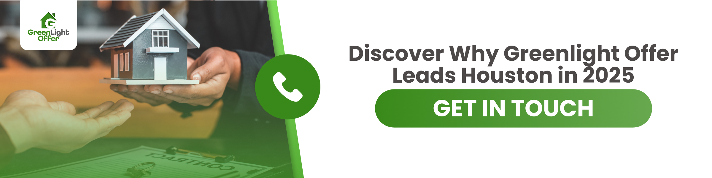 Hands exchanging a small model house, representing Greenlight Offer's cash home buying services in Houston, with promotional text urging contact for selling homes quickly in 2025.