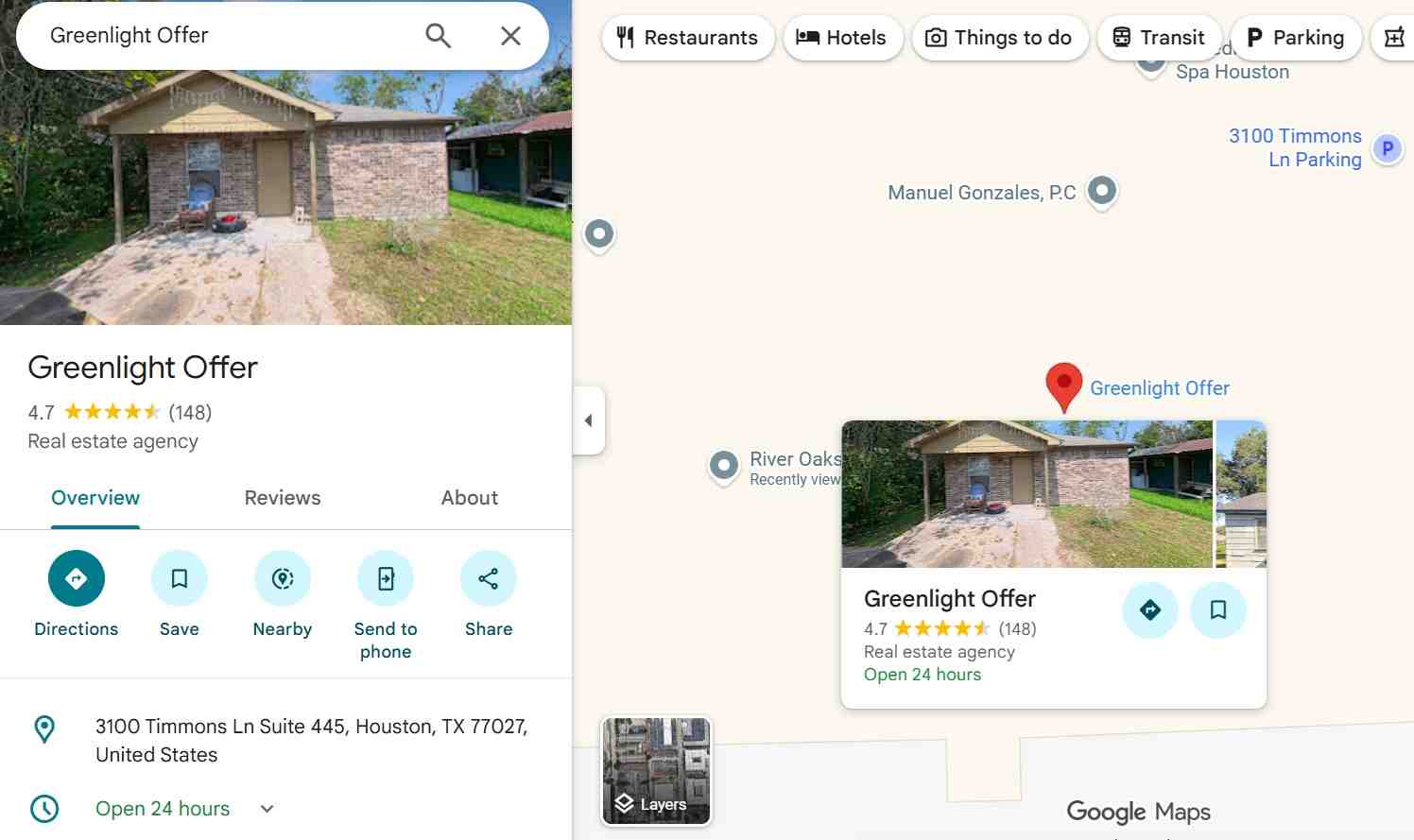 Google Maps view showing Greenlight Offer&rsquo;s office location and listing details, highlighting reputable cash home buyers in Houston.