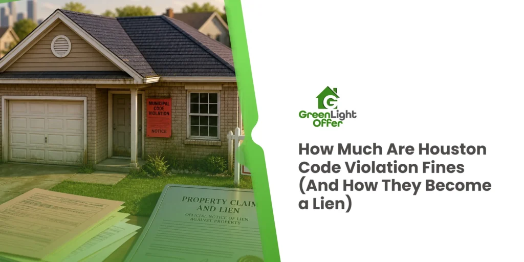 Residential house showing municipal violation notices and property claim paperwork for Houston code violation fines.