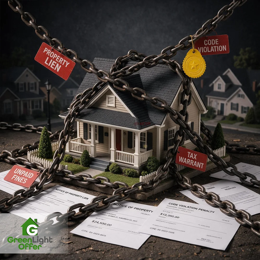 House surrounded by chains and notices for property liens, code violations, unpaid fines, and tax warrants in Houston.