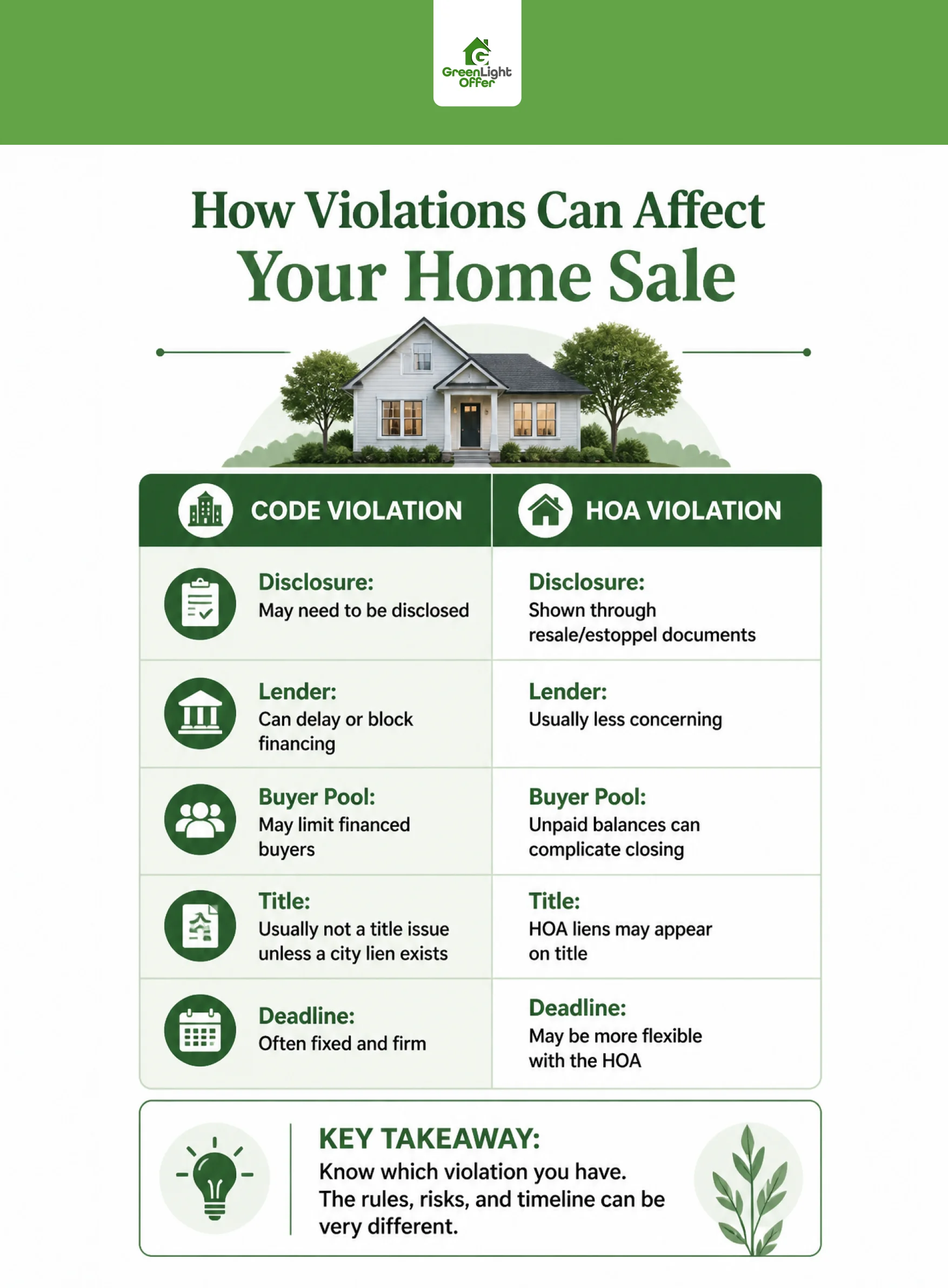 Infographic showing how code violation vs HOA violation can affect disclosure, lenders, buyers, title, and sale deadlines.
