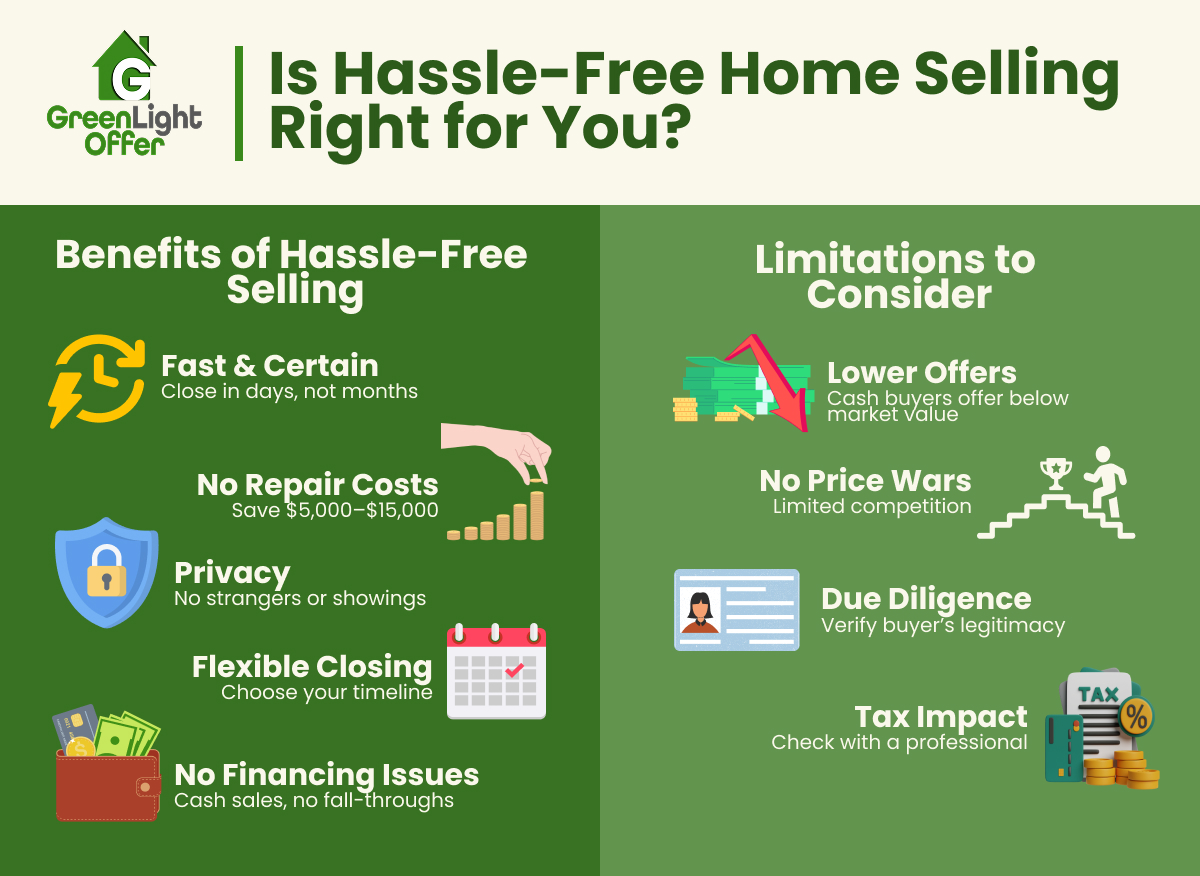 Hassle-free home selling infographic highlighting benefits like fast closing, no repair costs, privacy, flexible timelines, and cash sales, alongside limitations such as lower offers and due diligence.