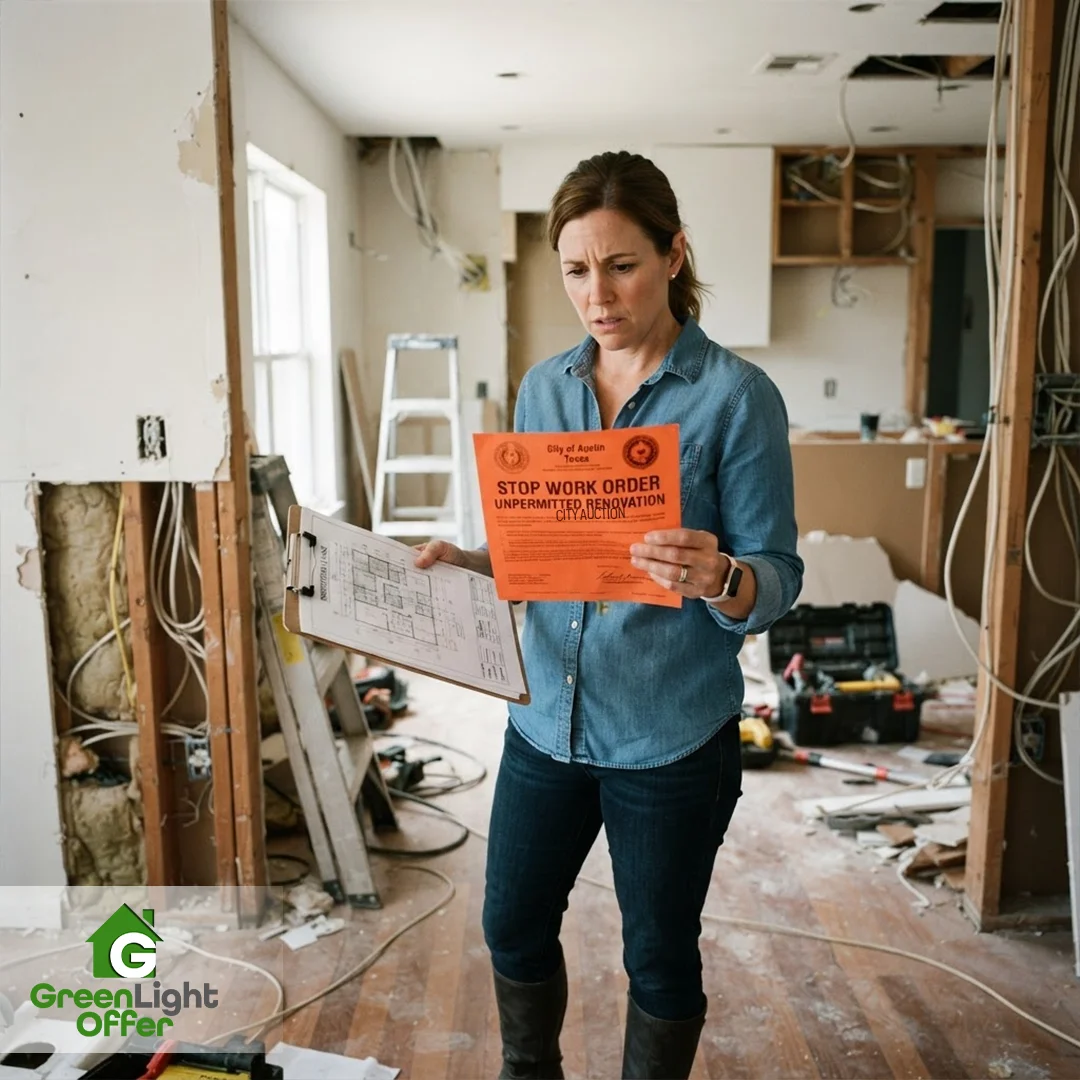 Homeowner holding a stop work order notice during renovations, needing to sell house with open permit Houston issues.