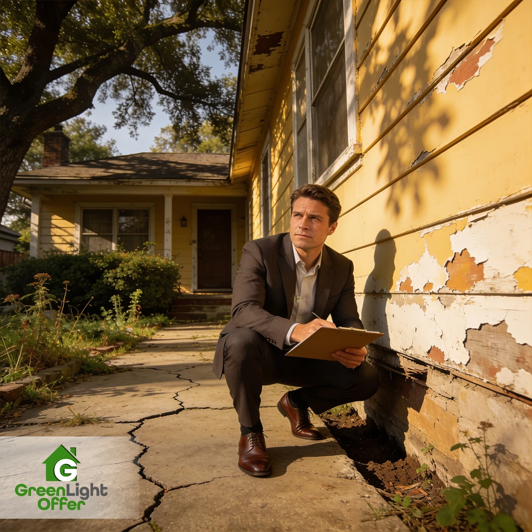 A mortgage lender code violation house with peeling siding and cracked concrete, inspected by a concerned professional.