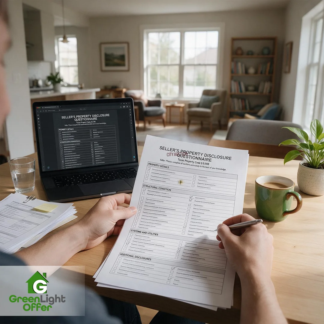 Home seller reviews a property disclosure form on a laptop, illustrating code violation vs HOA violation issues.