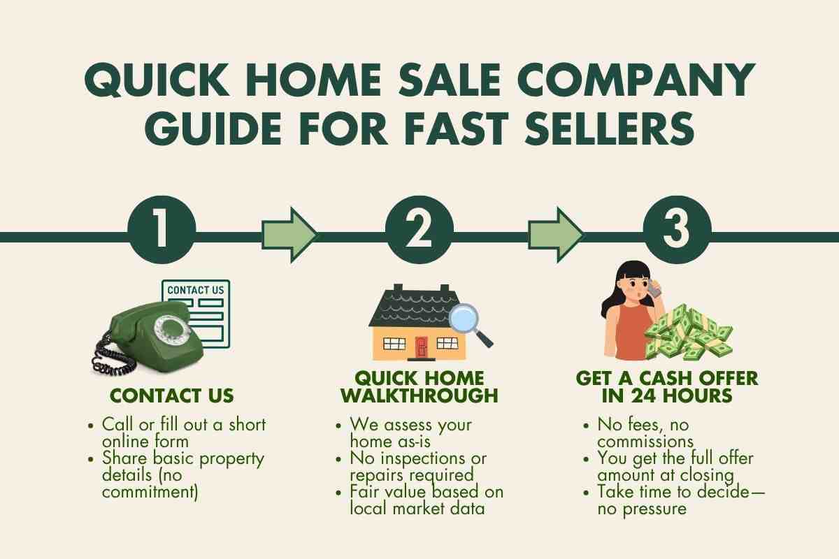 Quick home sale guide illustrating three steps: contact us via phone or form, quick home walkthrough for assessment, and receive a cash offer in 24 hours, emphasizing no fees or commissions.
