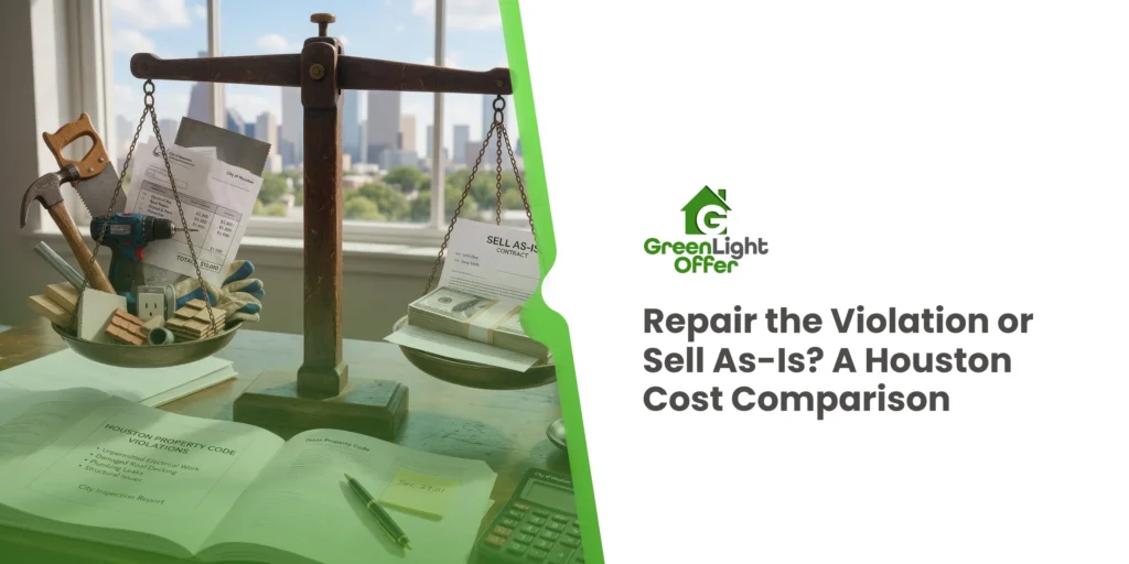 Repair or sell as-is code violation Houston cost comparison with scales, repair tools, cash, and violation documents.