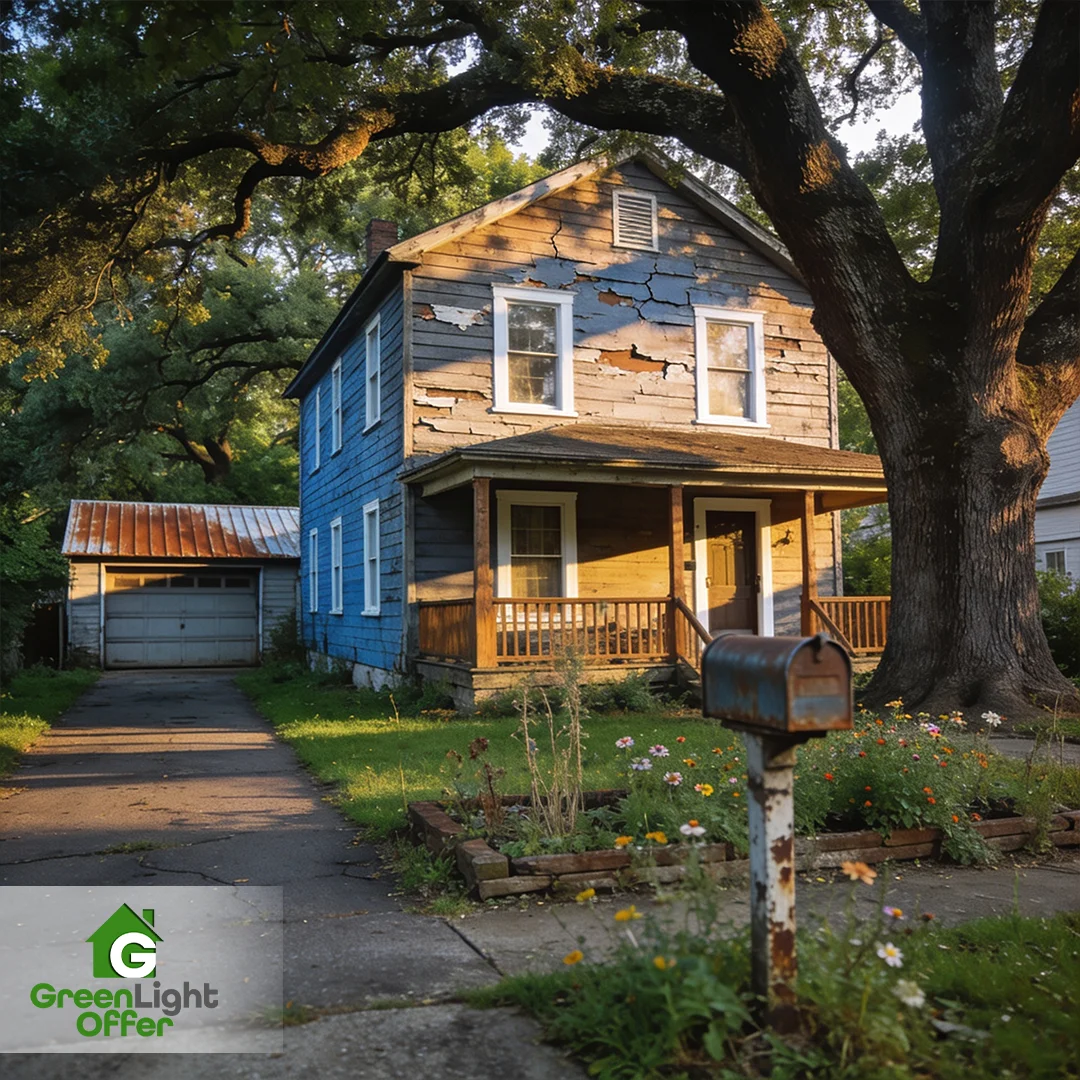 Repair or sell as-is code violation Houston shown by a weathered home with cracked siding, porch, and overgrown yard.