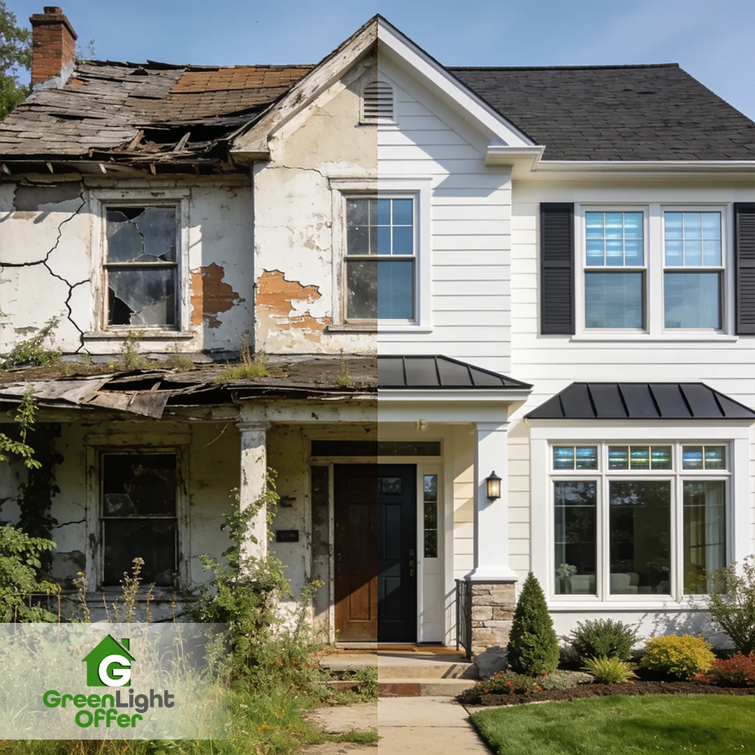 Repair or sell as-is code violation Houston decision shown with an old damaged home and a fully renovated house.