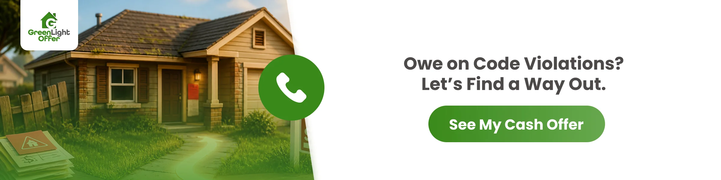 Promotional banner addressing Houston code violation fines with a fast cash home offer for distressed properties.