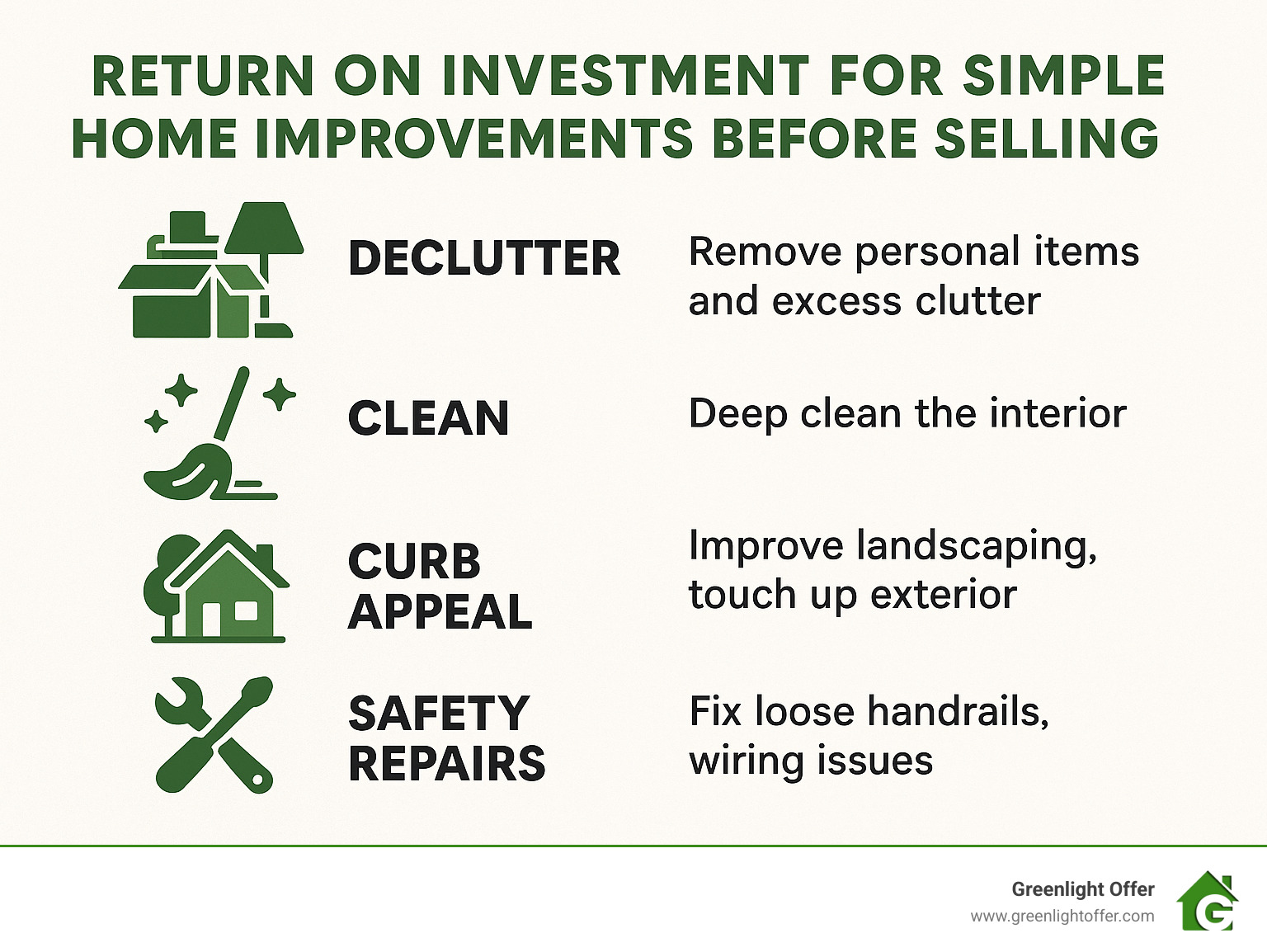Return on investment for simple home improvements before selling, featuring decluttering, cleaning, curb appeal, and safety repairs, with tips for homeowners preparing for a quick sale during divorce in Houston.
