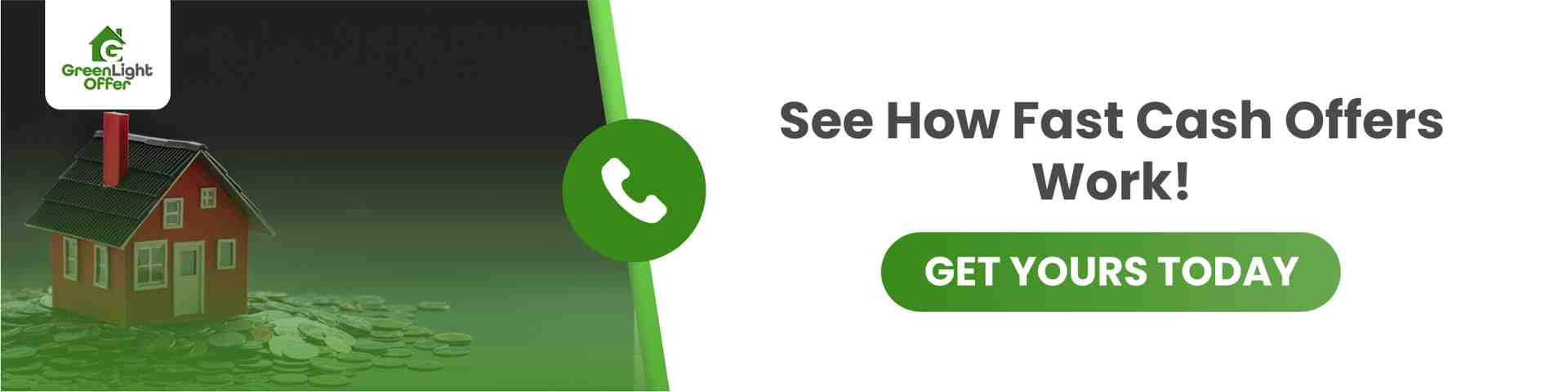 Red house model with chimney and GreenLight Offer logo, surrounded by coins, promoting fast cash offers for homeowners.