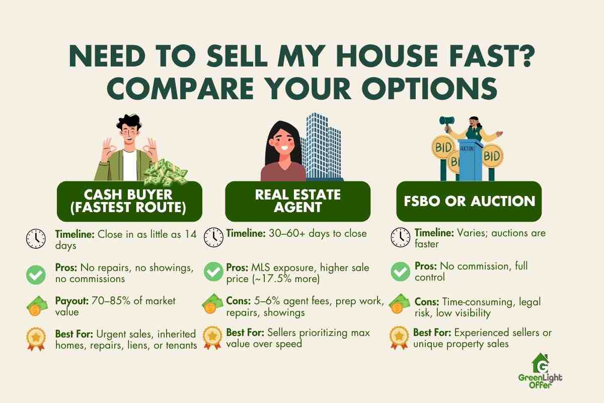 Infographic comparing home selling options: Cash buyer (fastest route) with timeline of 14 days, benefits of no repairs or commissions, payout of 70-85% market value; Real estate agent with 30-60+ days timeline, pros of MLS exposure, cons of fees; FSBO or auction with variable timeline, pros of no commission, cons of legal risks, branded with Greenlight Offer logo.
