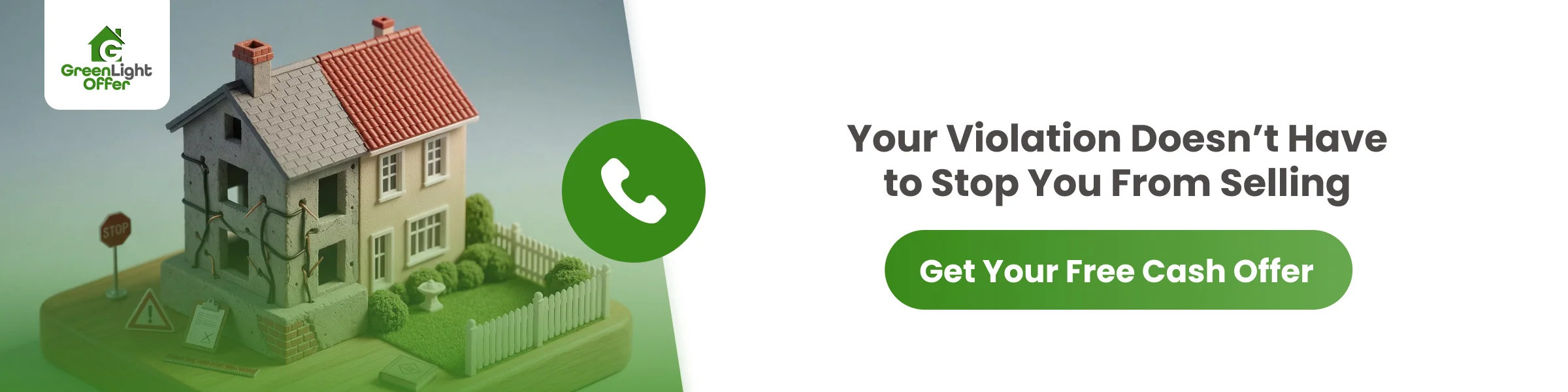 Home with visible code issues and a CTA offering a free cash offer to help homeowners sell despite violations.