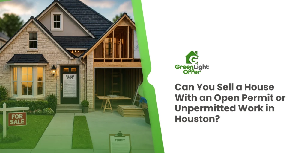 Residential house with a for sale sign explaining options to sell house with open permit Houston property issues.