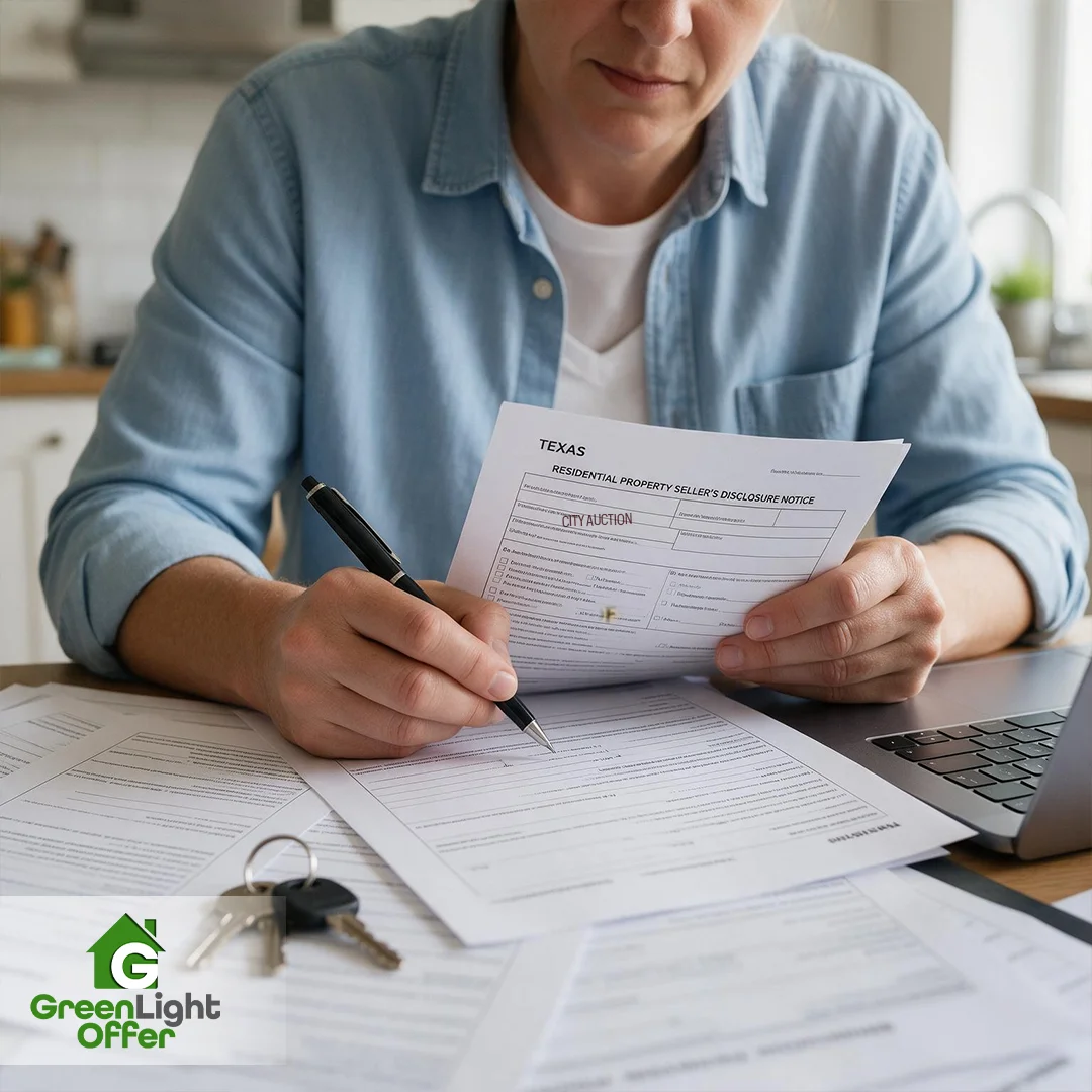 Texas home seller reviews a disclosure notice while documenting a code violation vs HOA violation during a sale.