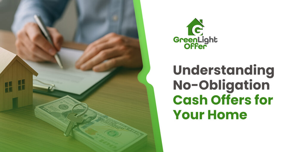 A promotional image for no-obligation cash offers for homes, featuring a house model, cash, and keys.
