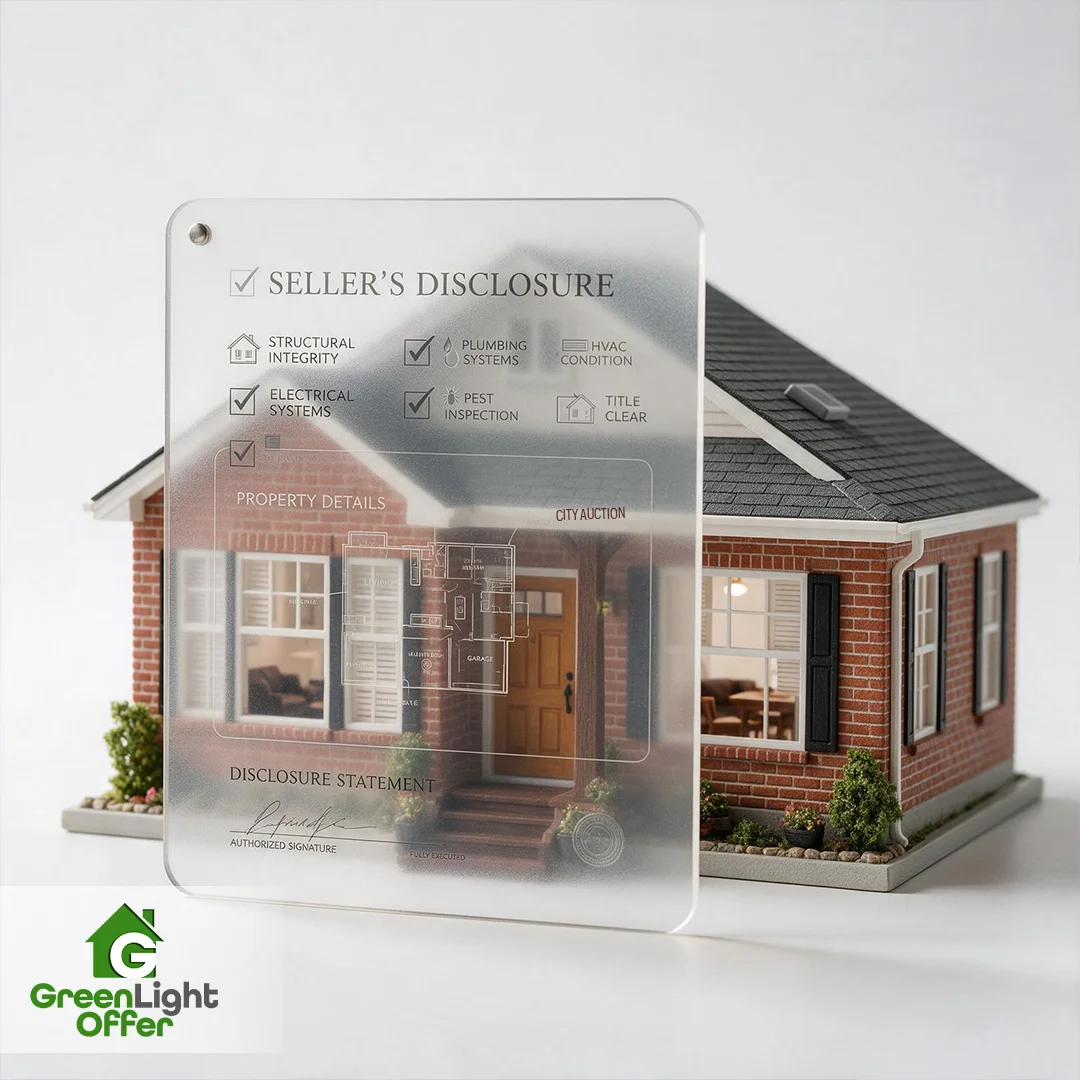 Glass checklist overlay detailing requirements to disclose code violations selling house Texas property owners face.