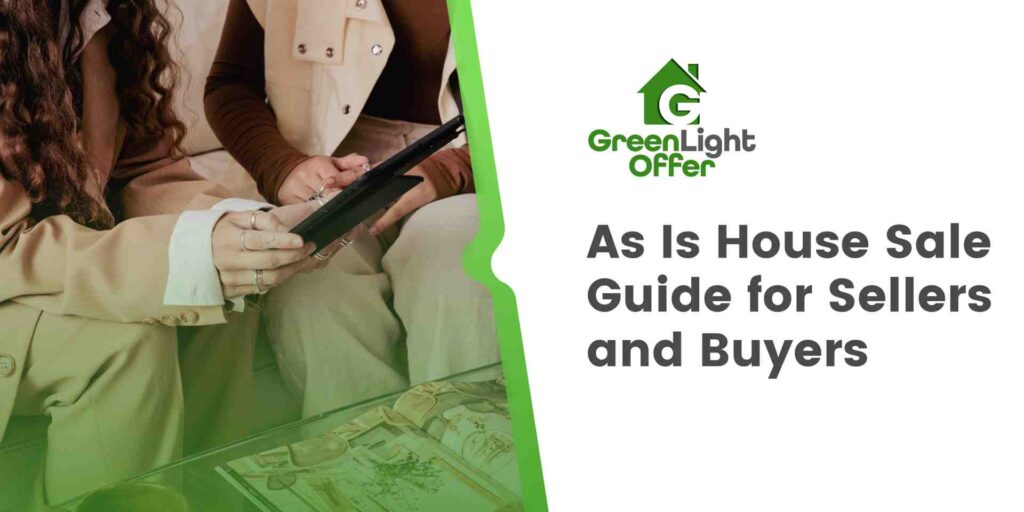Two people reviewing an as is house sale guide on a tablet