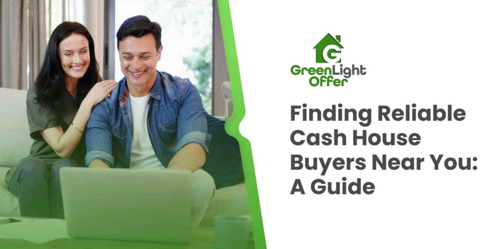 Smiling couple using a laptop; GreenLight Offer banner with guide to finding trustworthy cash house buyers near me