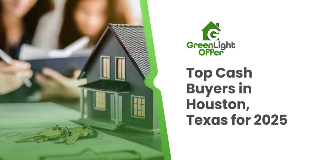 Model house and keys on a table with blurred figures in the background, representing Greenlight Offer, top cash buyers in Houston, Texas for 2025.