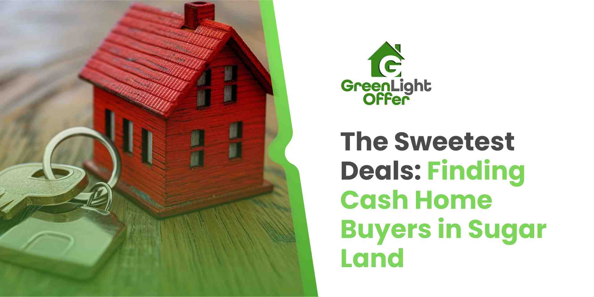 Red toy house with keys on wooden surface, representing cash home buyers in Sugar Land, Greenlight Offer branding, emphasizing quick property sales.
