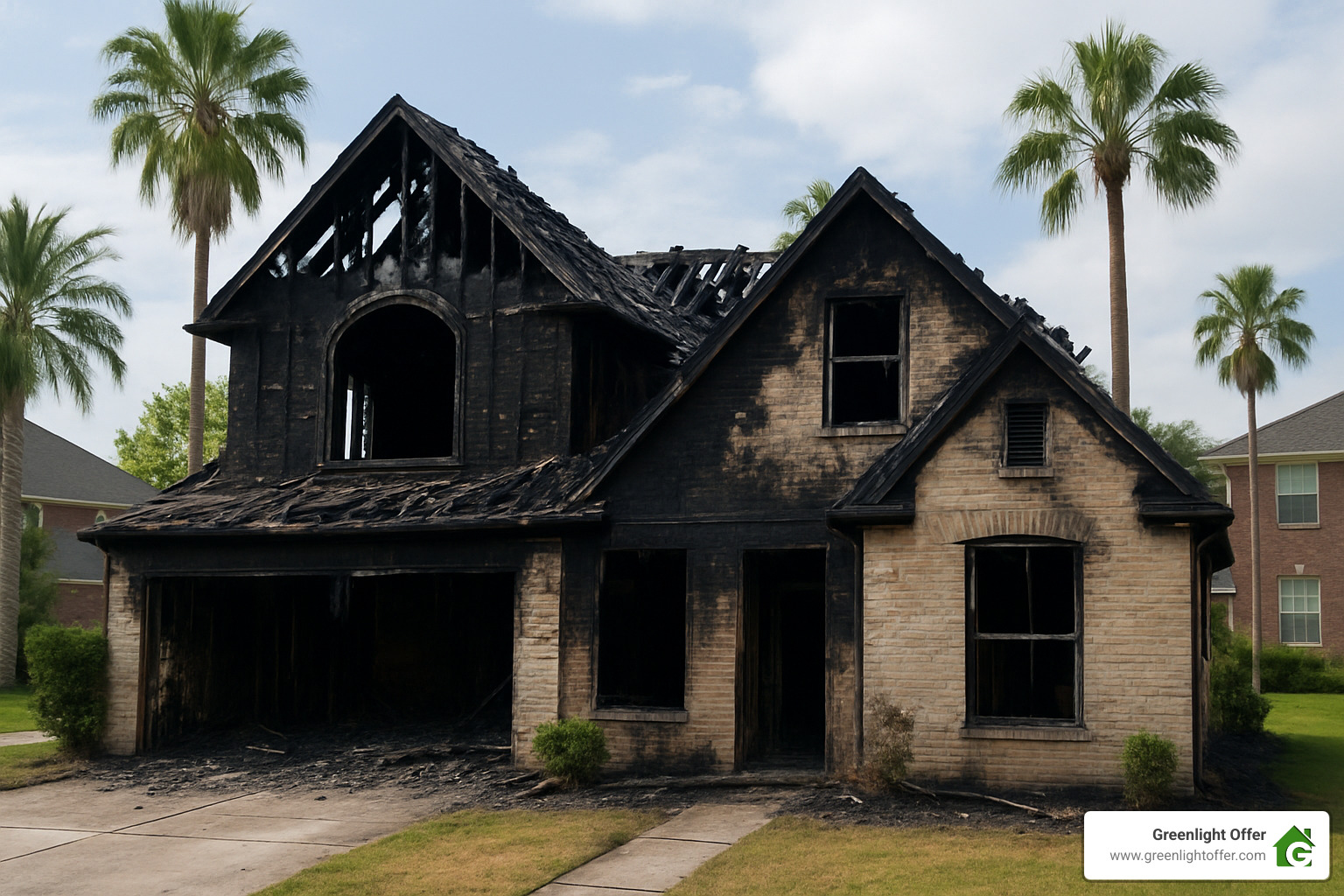 Severely fire damaged two-story home with roof and garage; guide for how to sell fire damaged house fast houston