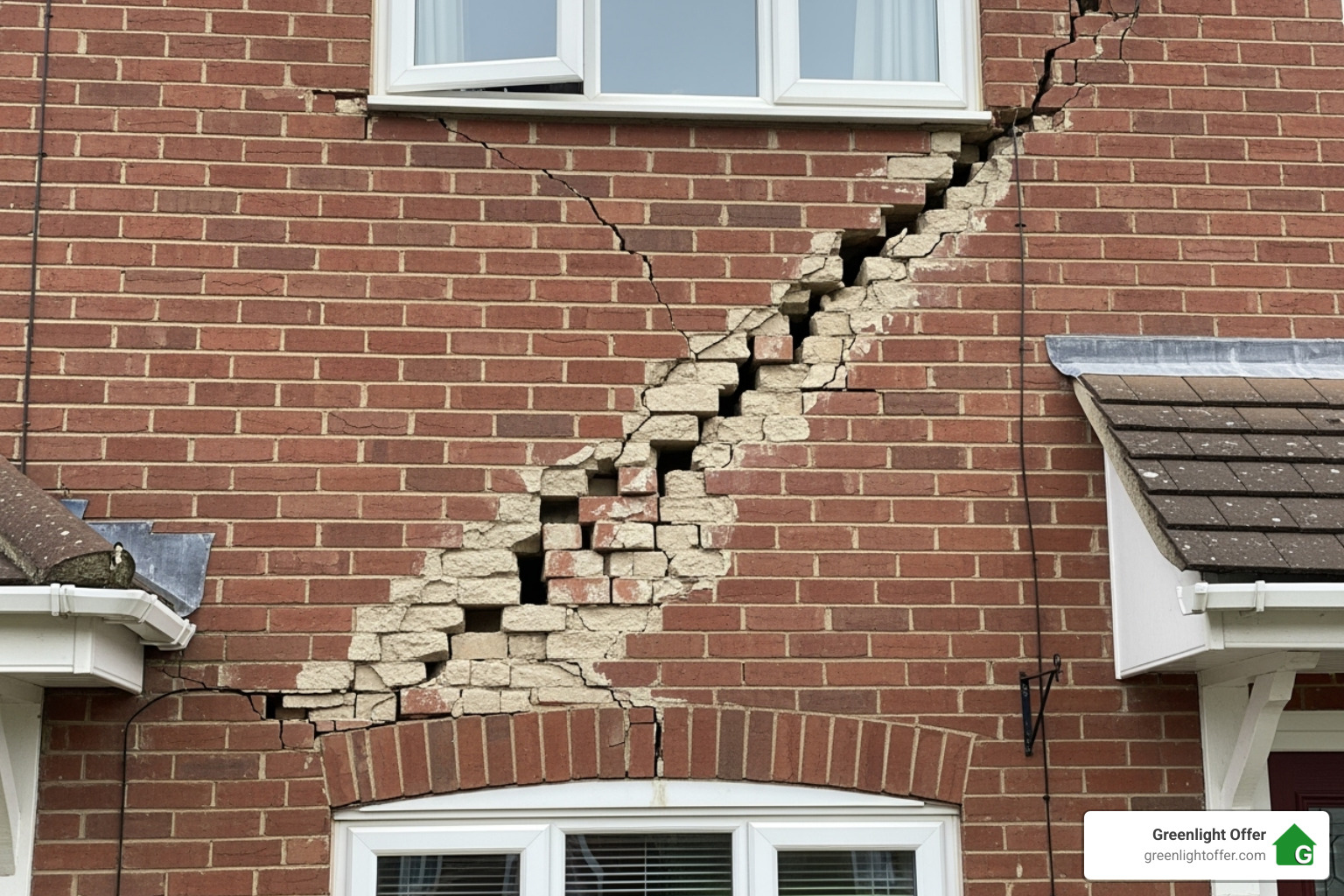 Close-up of a brick house with severe foundation cracks, showing property condition suitable for cash for homes Houston as-is sale.