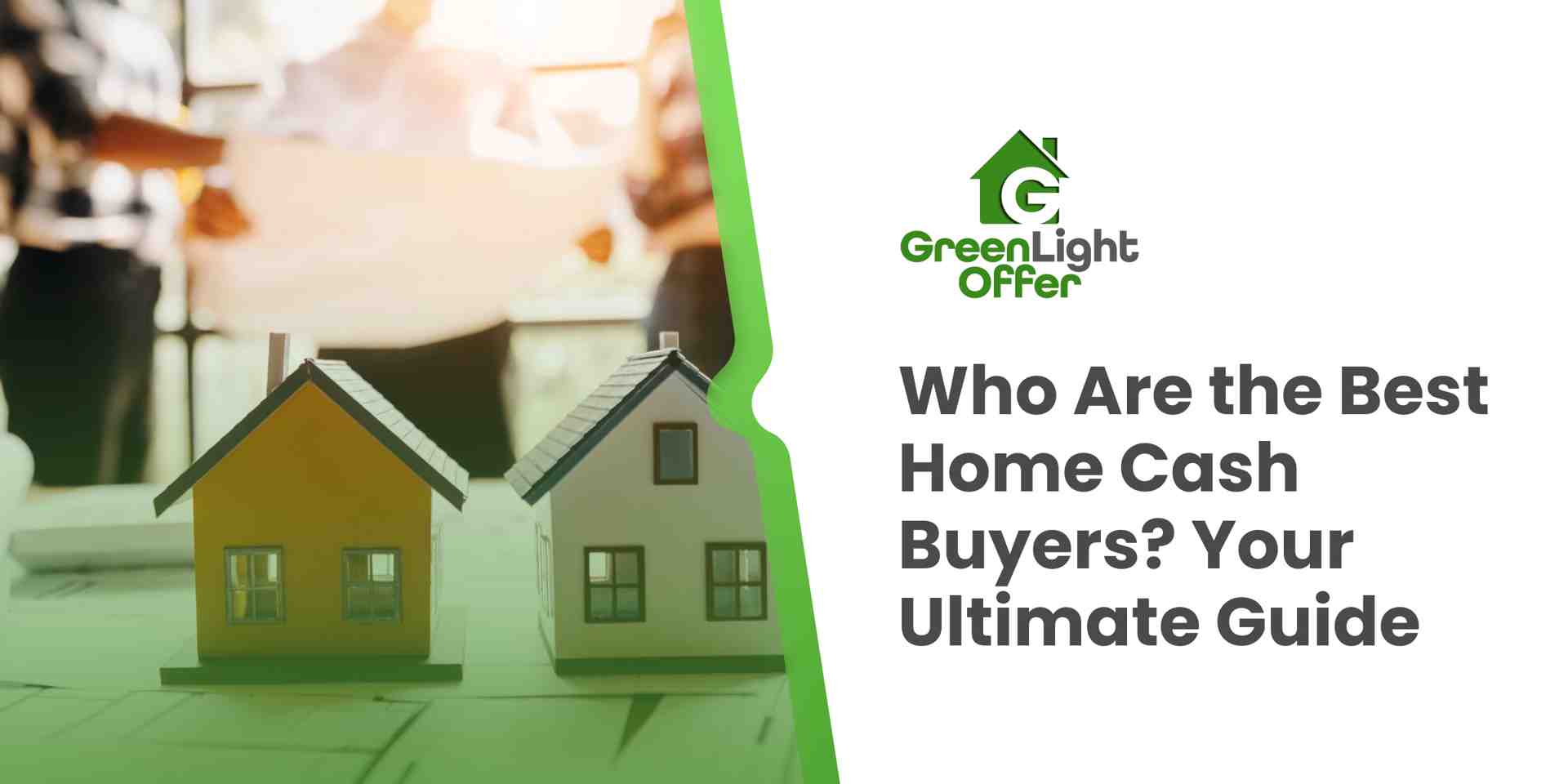 Model houses in foreground with blurred figures discussing behind, representing home cash buyers and the process of selling homes quickly for cash.