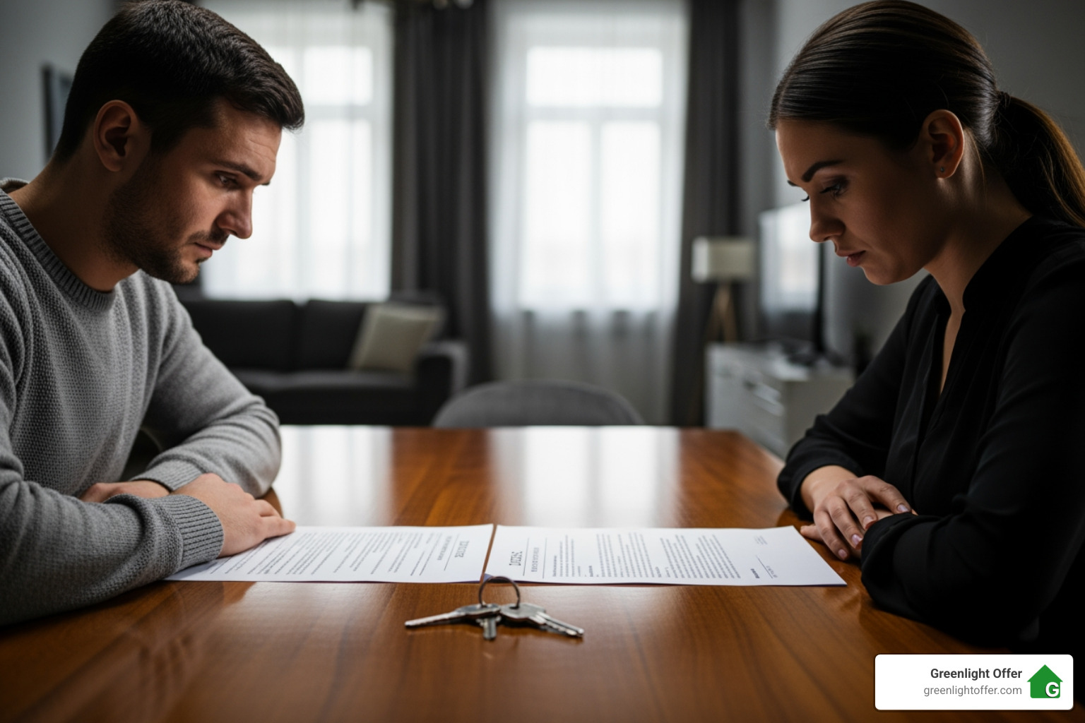 Divorcing couple reviewing paperwork at a table with house keys, illustrating how to sell a house during a divorce fairly and efficiently.