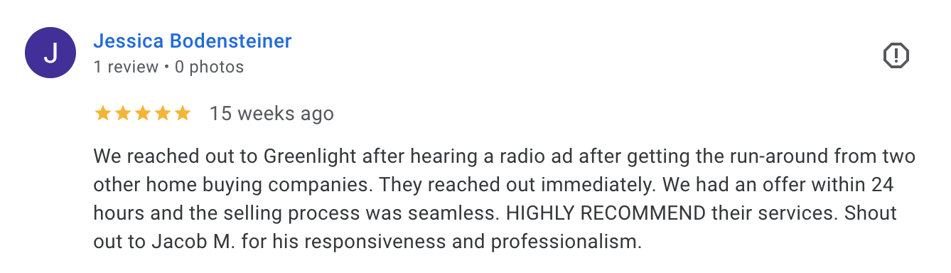 Jessica Bodensteiner's Google review | Greenlight Offer Houston cash buyer Google review from Jessica B. praising Greenlight Offer Houston for fast cash offer within 24 hours