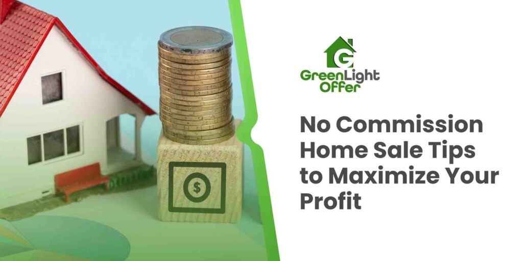 House model and stacked coins beside text about no commission home sale tips to maximize your profit