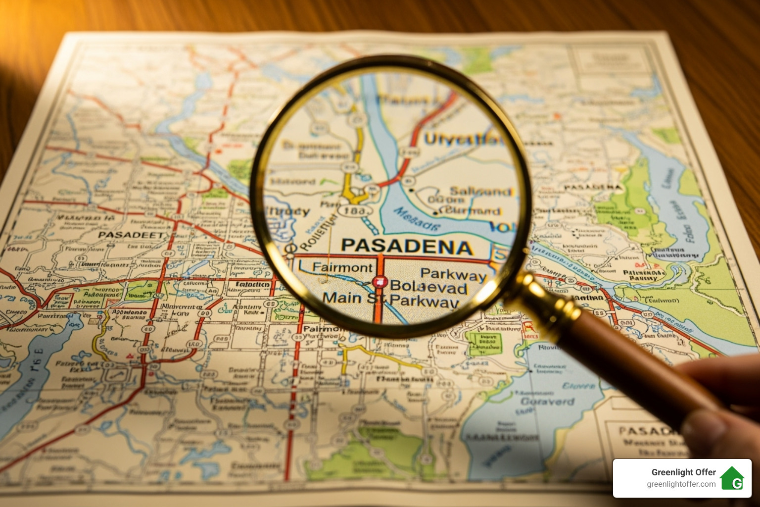 Close-up image of a Pasadena map under a magnifying glass, symbolizing local focus for companies that buy properties in the area.