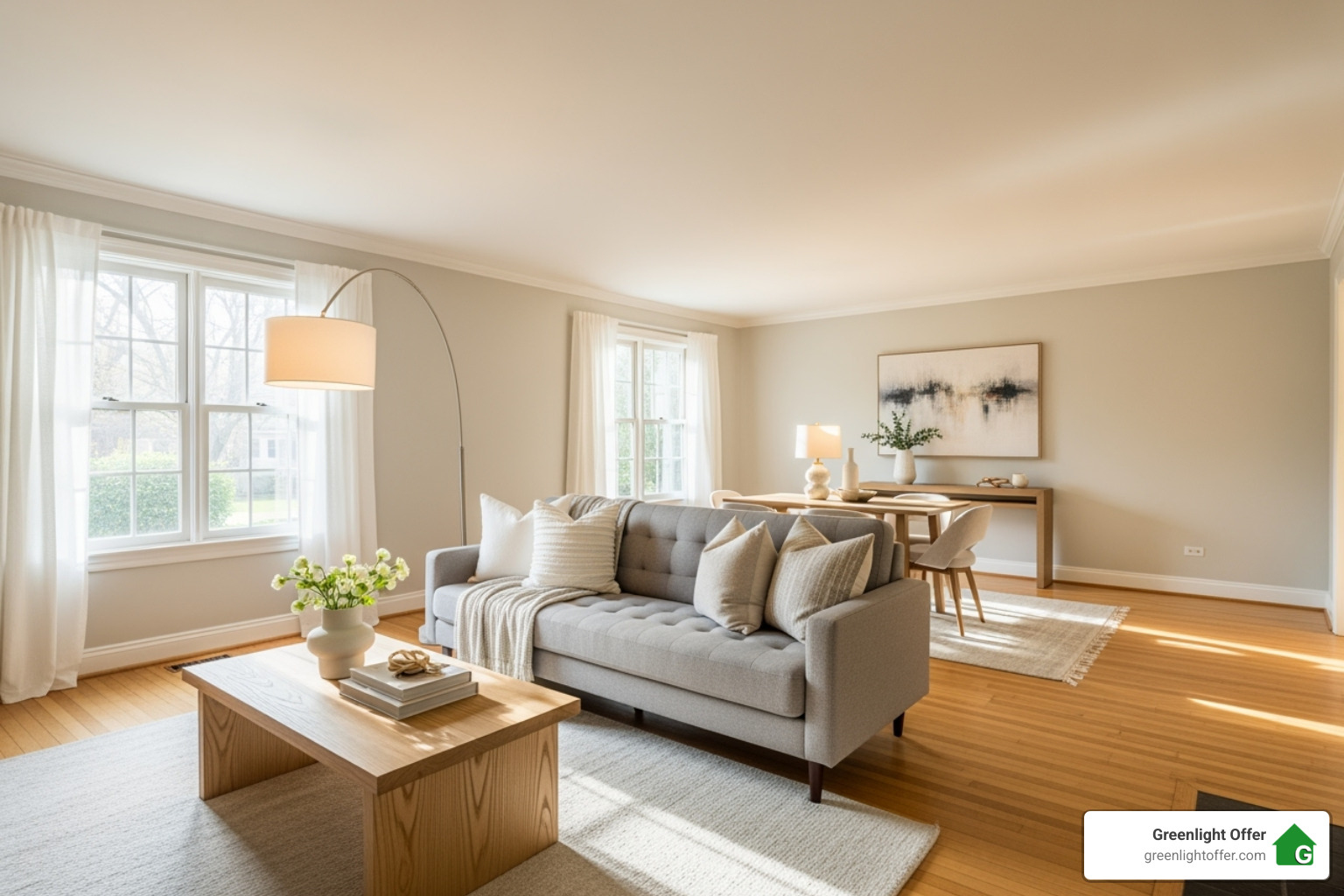 Showcase Your Home’s Best Features Bright, clean living room with neutral decor, featuring a gray sofa with decorative pillows, a wooden coffee table, and a dining area with a table and chairs, emphasizing a welcoming aesthetic for potential home buyers.