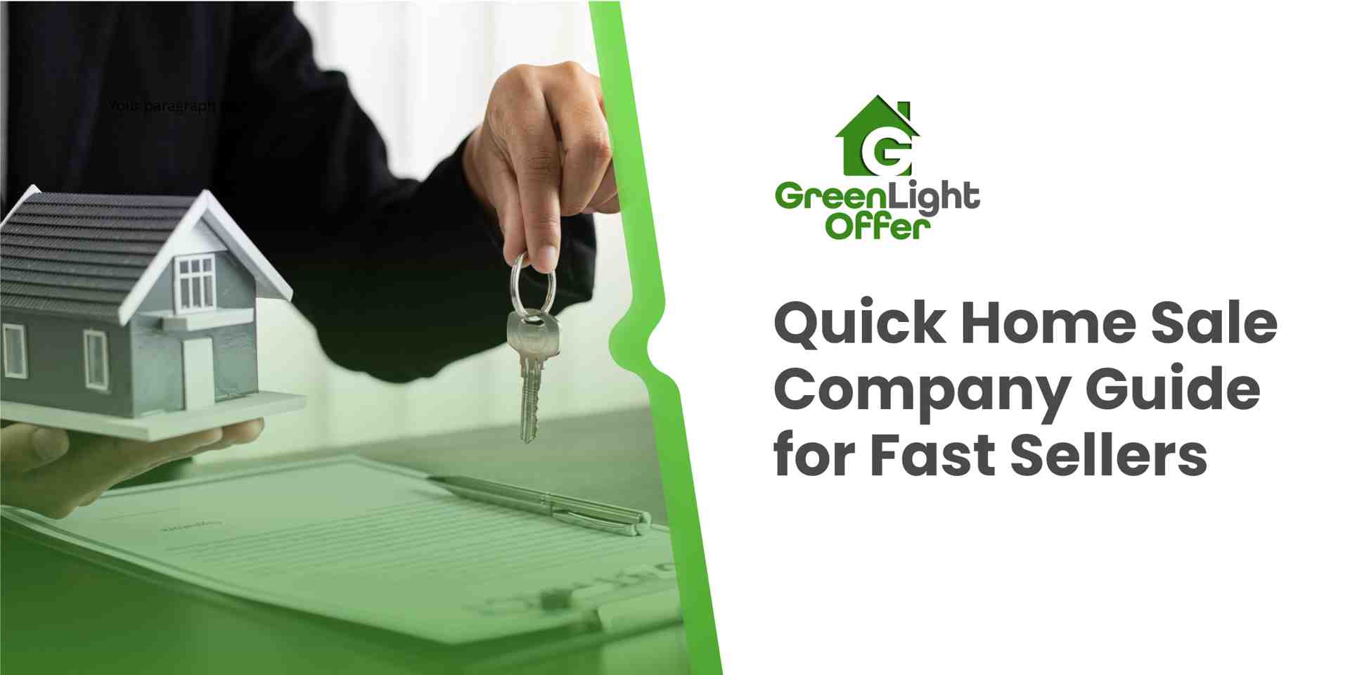 Hand holding a miniature house with keys, representing the quick home sale process, alongside the Greenlight Offer logo and text emphasizing the guide for fast sellers.