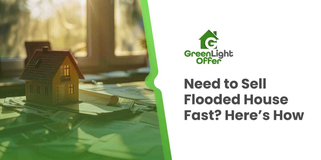Mini house on desk with sunlight, showing Green Light Offer’s solution to help homeowners sell flooded house fast