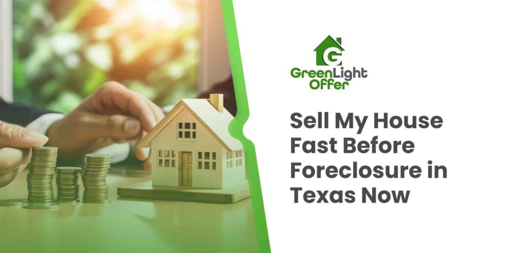 Person stacking coins beside house model with text about how to sell my house fast before foreclosure in Texas