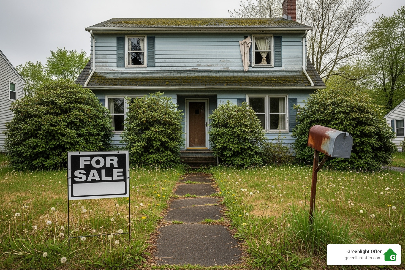 Old blue house with broken windows, overgrown yard, and a for sale sign, representing ugly homes listed for as-is sales.
