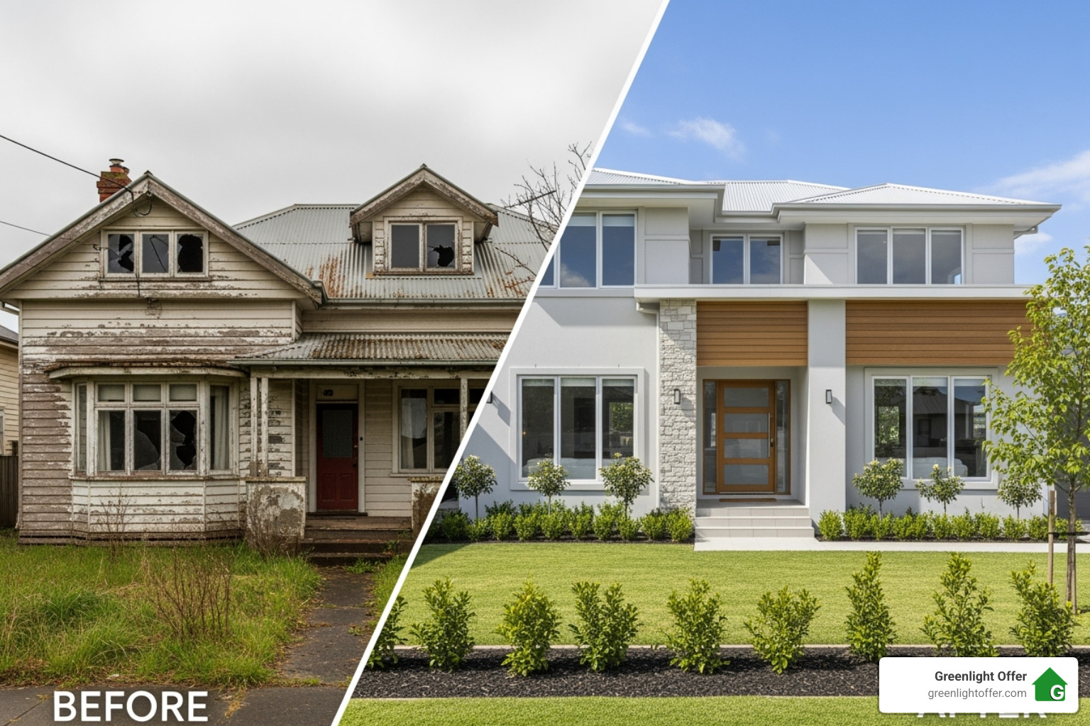 Side-by-side comparison showing an old broken-down ugly home before and a fully renovated modern house after transformation.