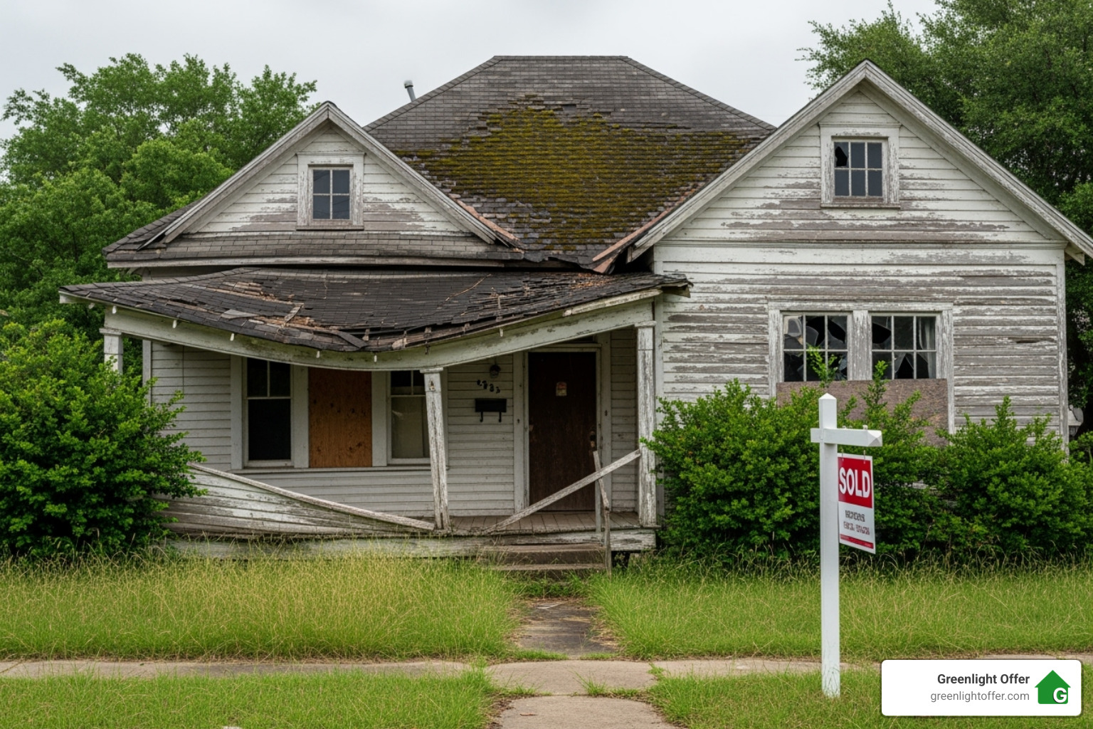 Abandoned house with visible structural damage, overgrown grass, and a "Sold" sign, illustrating the concept of selling homes as-is for cash without repairs.