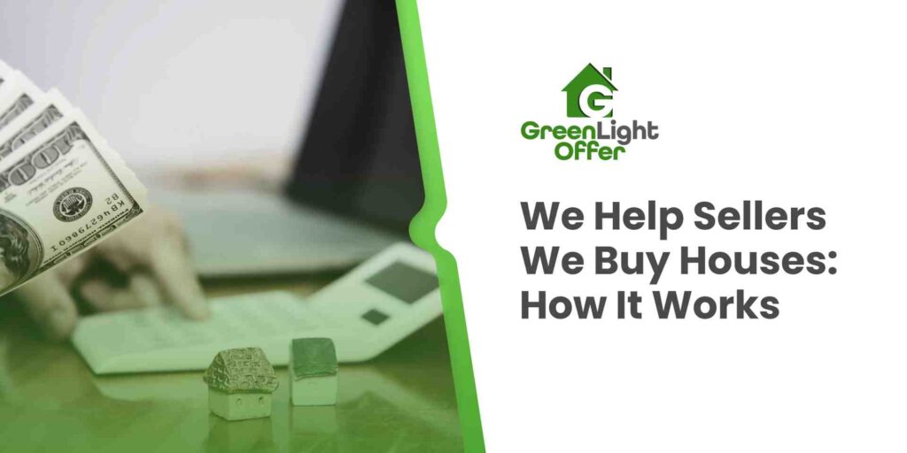 Cash, calculator, and model house image explaining how "We Help Sellers We Buy Houses" works to sell fast